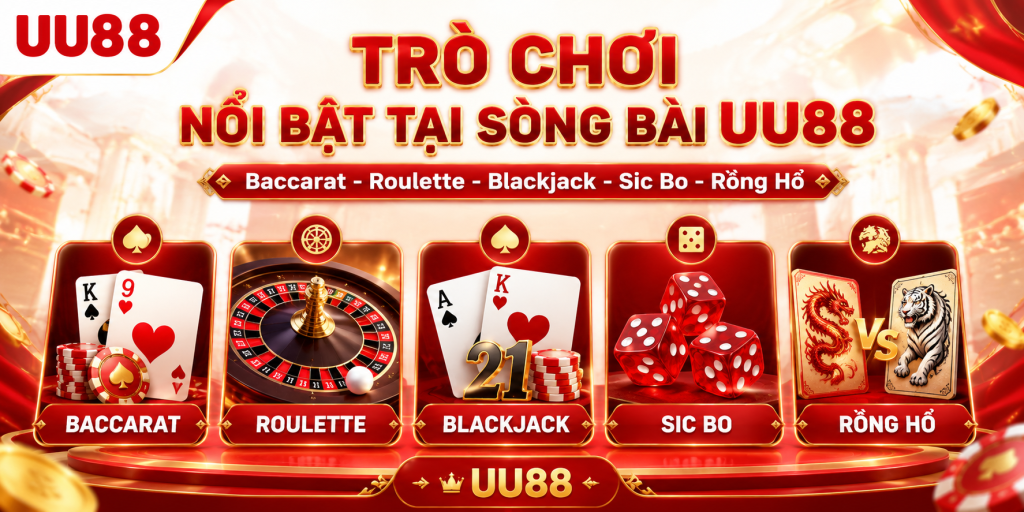 Các trò chơi nổi bật tại sòng bài UU88 gồm Baccarat, Roulette, Blackjack, Sic Bo và Rồng Hổ