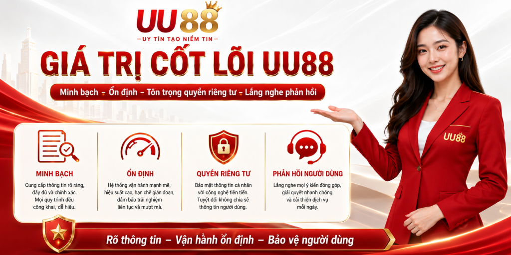 Giá trị cốt lõi UU88 gồm minh bạch, ổn định, quyền riêng tư và lắng nghe phản hồi