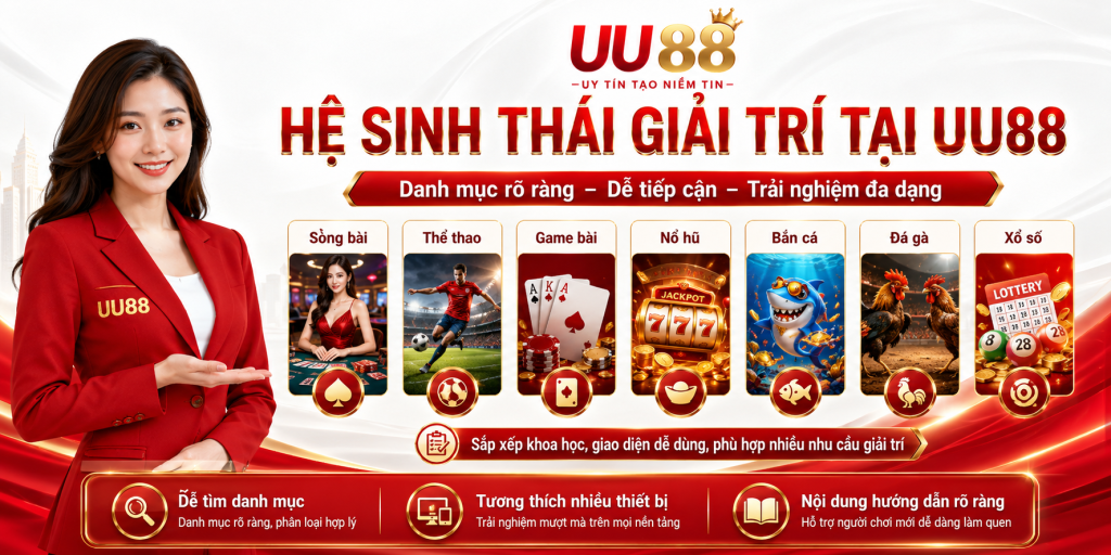 Hệ sinh thái giải trí UU88 gồm sòng bài, thể thao, game bài, nổ hũ, bắn cá, đá gà và xổ số